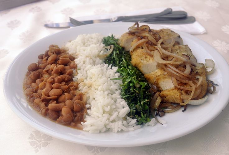 Bife acebolado de coxão mole, arroz branco, feijão e couve.